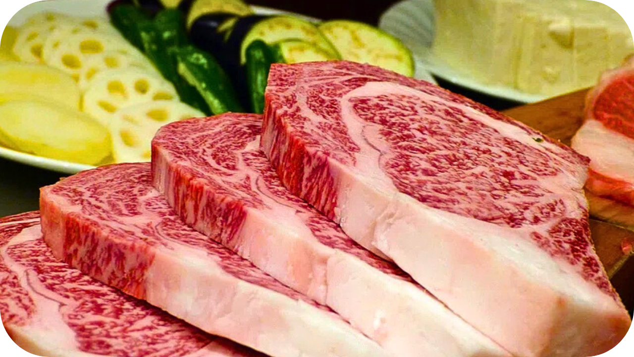 Several thick-cut, highly marbled Wagyu ribeye steaks fanned out next to plates of sliced vegetables ready for grilling.