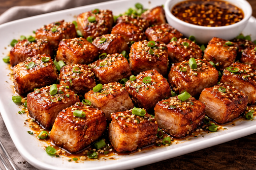 Golden, crispy pork belly bites on a white platter, garnished with shredded green onions and toasted sesame seeds, served with sticky tamarind-chilli glaze