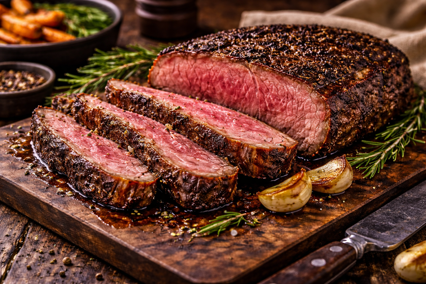 Reverse-seared cube roll steak with golden crust, sliced medium-rare, garnished with rosemary and roasted garlic