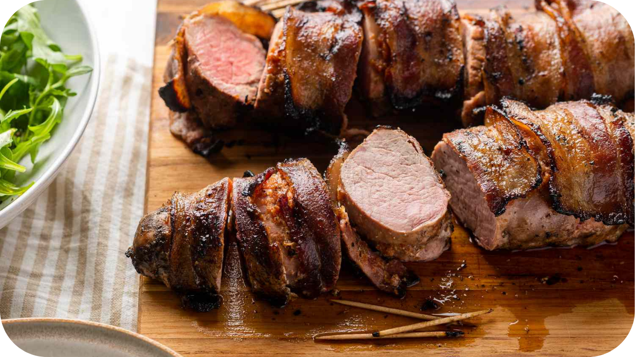 Bacon-wrapped pork tenderloin sliced on a wooden board beside a bowl of fresh greens.