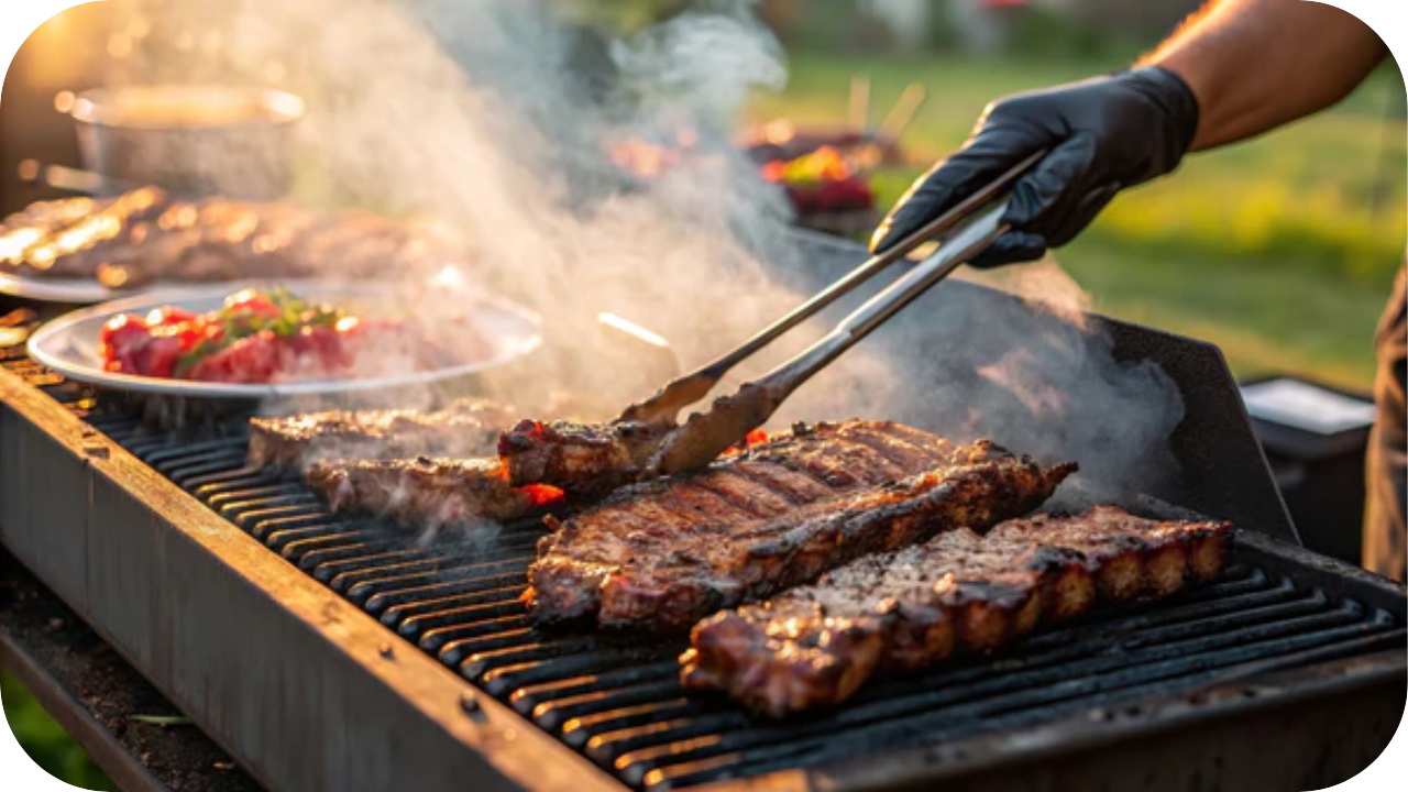 A selection of premium steak cuts, including porterhouse and rib-eye, displayed for a backyard BBQ.