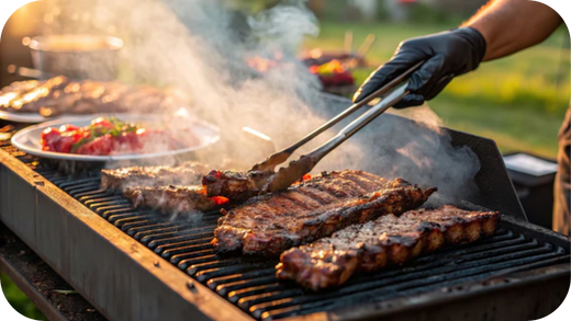 A selection of premium steak cuts, including porterhouse and rib-eye, displayed for a backyard BBQ.