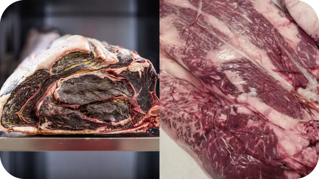 Side-by-side view of dry-aged beef with dark crust and marbled wet-aged beef in vacuum-sealed packaging, showing the distinct differences in ageing methods.