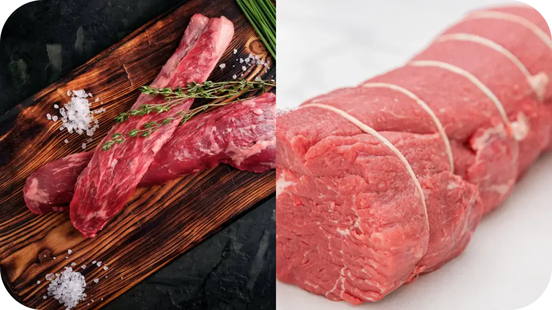 Side-by-side cuts of raw beef showing eye fillet on a wooden board with salt and herbs, and tenderloin tied with a string on a white surface.