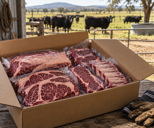 Cryovac sealed beef cuts packed into a farm direct delivery box on a farm bench