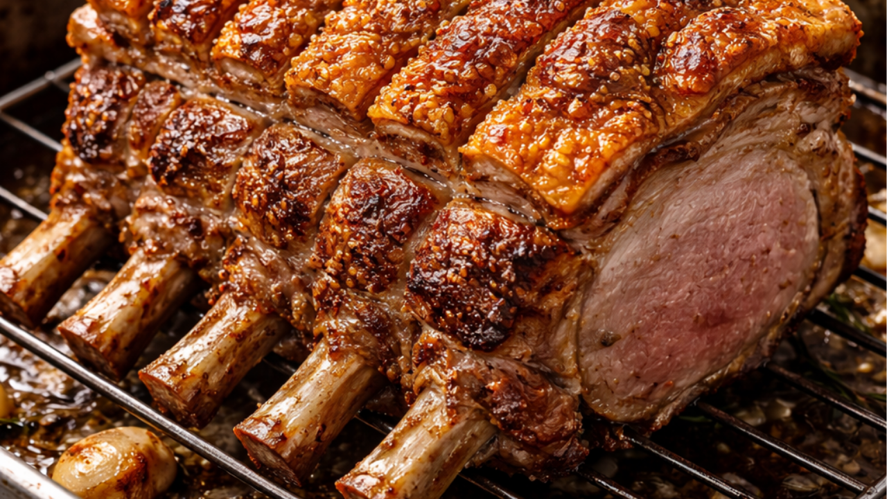 Free-range pork rib roast with crispy crackling and golden blistered skin resting on a rack with juicy sliced interior