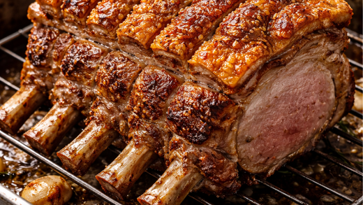 Free-range pork rib roast with crispy crackling and golden blistered skin resting on a rack with juicy sliced interior