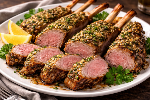 Sliced herb-crusted rack of lamb on a white platter, showing pink medium-rare meat, garnished with fresh parsley and lemon wedges, served with roasted vegetables in the background