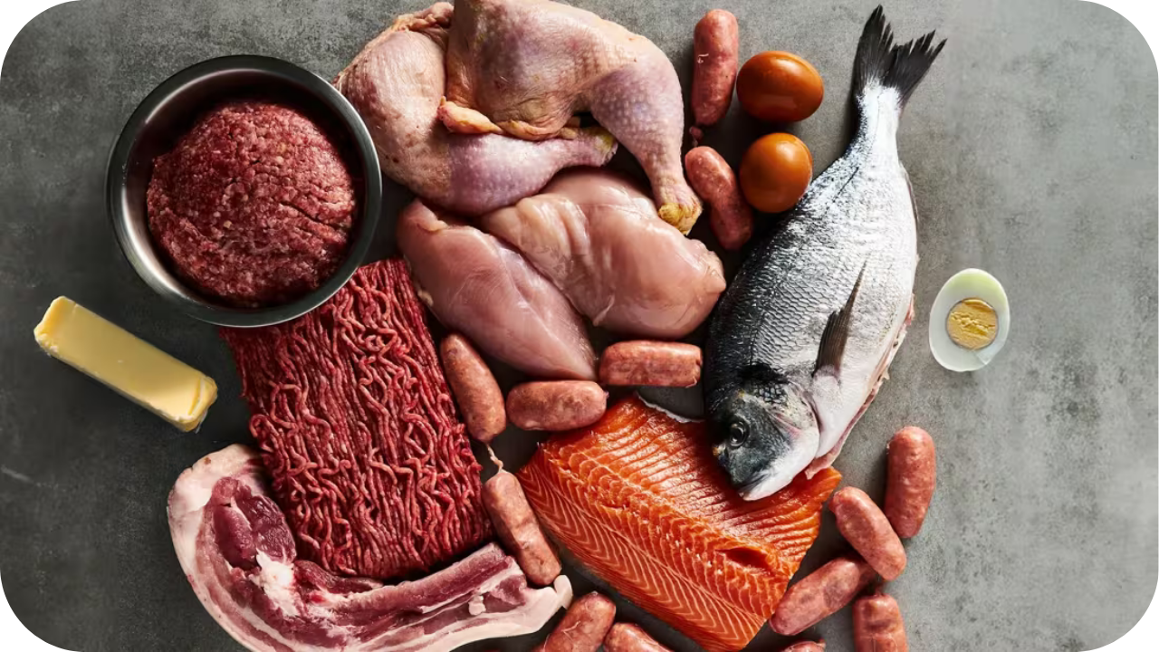 A variety of fresh meats and seafood including beef, chicken, salmon, sausages, and fish on a grey surface.