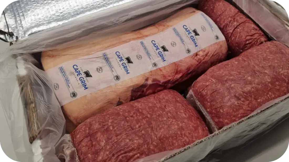 Fresh Cape Grim beef cuts packed in cryovac, including a large rib section and ground beef portions, ready for keto-friendly delivery across Victoria.