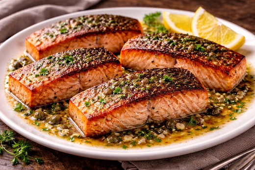 Close-up of four pan-seared king salmon fillets on a white plate, topped with golden crispy skin, drizzled with lemon butter sauce, garnished with fresh parsley and lemon wedges