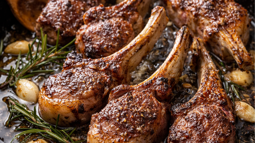 Lamb cutlets with crispy rendered fat searing in a cast iron pan with garlic, rosemary and golden caramelised crust