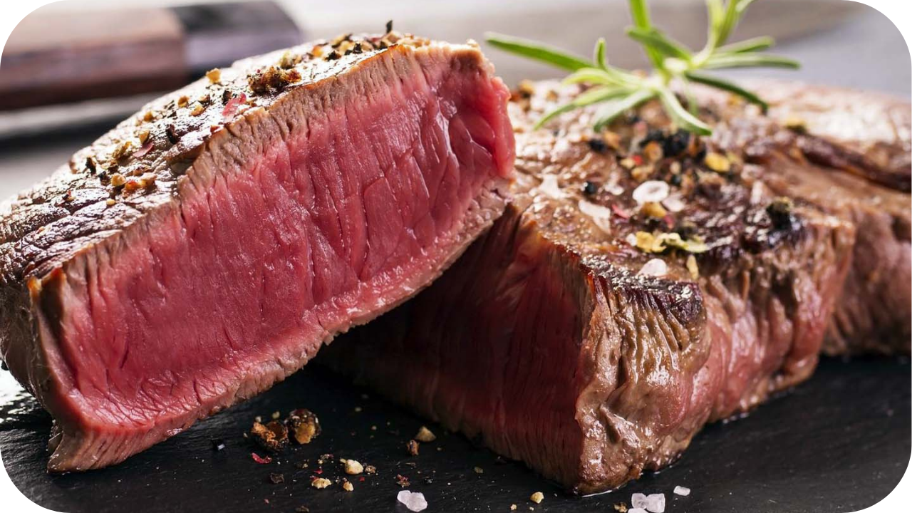 Premium steak sliced to reveal a rare centre, garnished with herbs, salt, and cracked pepper on a dark board.