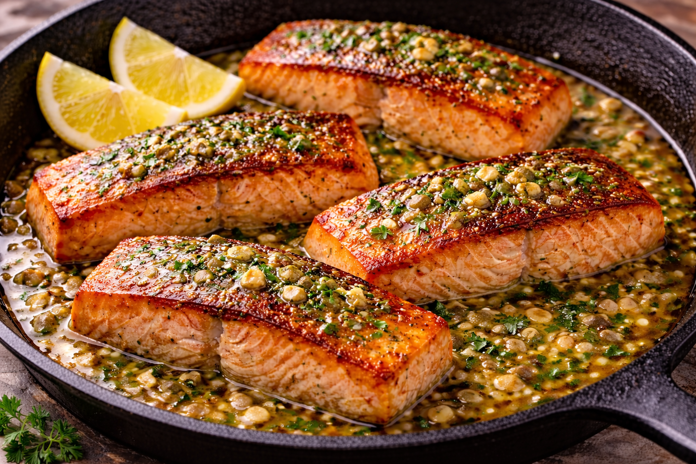 Pan-seared king salmon fillets with golden-brown crust, garnished with fresh parsley and lemon wedges, served on a skillet with garlic butter sauce