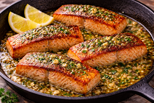 Pan-seared king salmon fillets with golden-brown crust, garnished with fresh parsley and lemon wedges, served on a skillet with garlic butter sauce