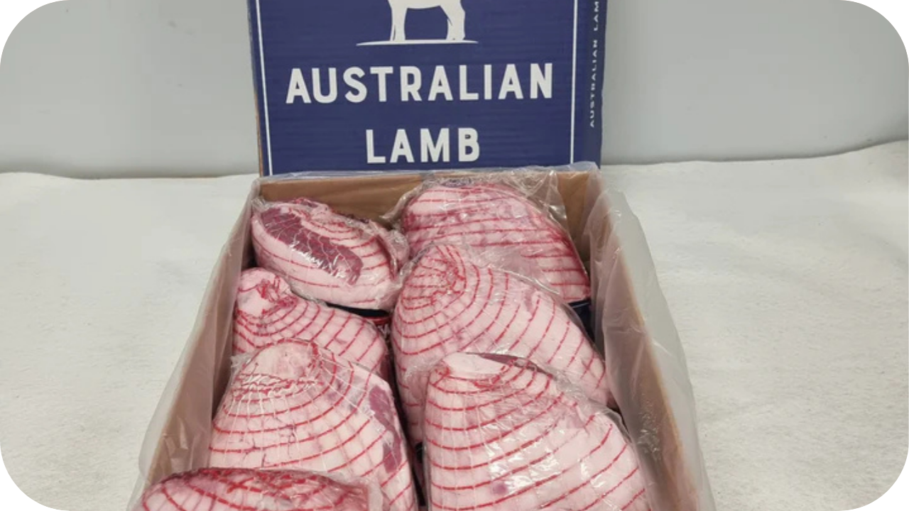 Australian Lamb box containing several netted lamb legs wrapped in clear plastic, ready for wholesale distribution.