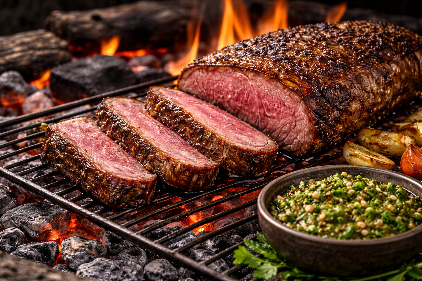 Picanha roast grilled over open fire with crispy fat cap, sliced medium-rare, served with chimichurri and roasted vegetables