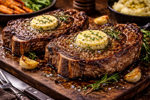 Two bone-in ribeye steaks topped with melting bone marrow butter, served with garlic, rosemary, and rustic sides