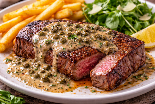 Juicy Scotch fillet steak with golden sear, topped with creamy peppercorn sauce, served with crispy fries and fresh rocket salad