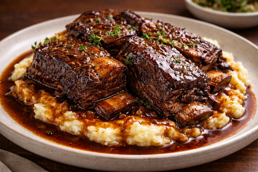 Slow braised lamb shanks served on creamy mashed potatoes, topped with rich red wine jus and garnished with fresh thyme on a white plate