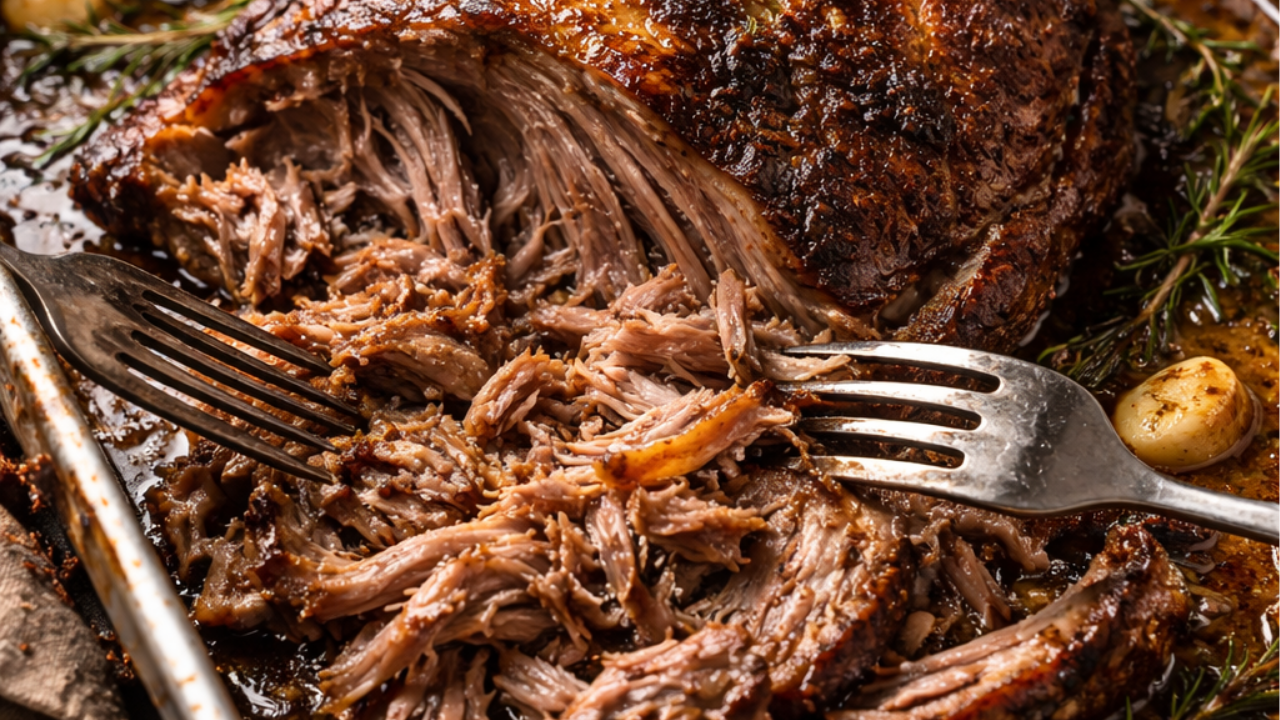 Slow-cooked lamb shoulder pulled apart in a roasting tray with crispy crust, rosemary, garlic and rich pan juices