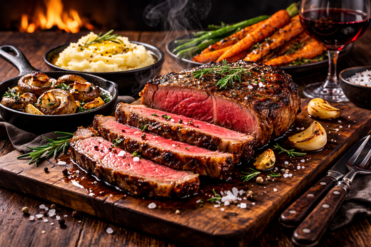 Sous vide scotch fillet steak medium-rare with cast iron sear, served with mashed potatoes, roasted vegetables, and herbs