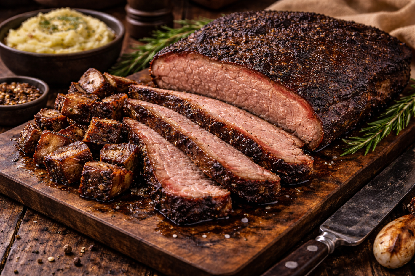 Texas-style smoked brisket sliced with dark pepper crust, tender flat and point cuts, served with burnt ends and sides