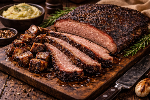 Texas-style smoked brisket sliced with dark pepper crust, tender flat and point cuts, served with burnt ends and sides