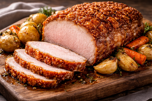 Thick-cut free-range pork loin roast with crispy crackling, sliced on a wooden board, served with roasted carrots, onions, and apples