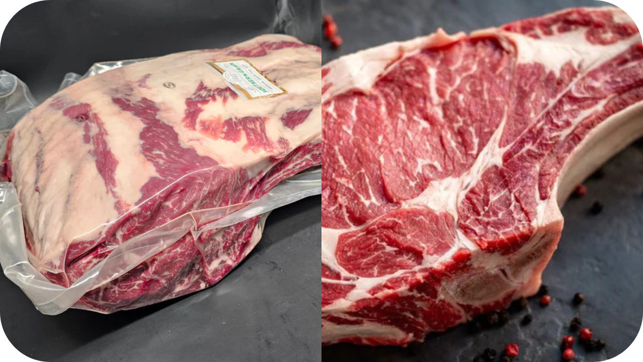 tomahawk steak in clear wrapping alongside rib-eye steak with other ingredients. 