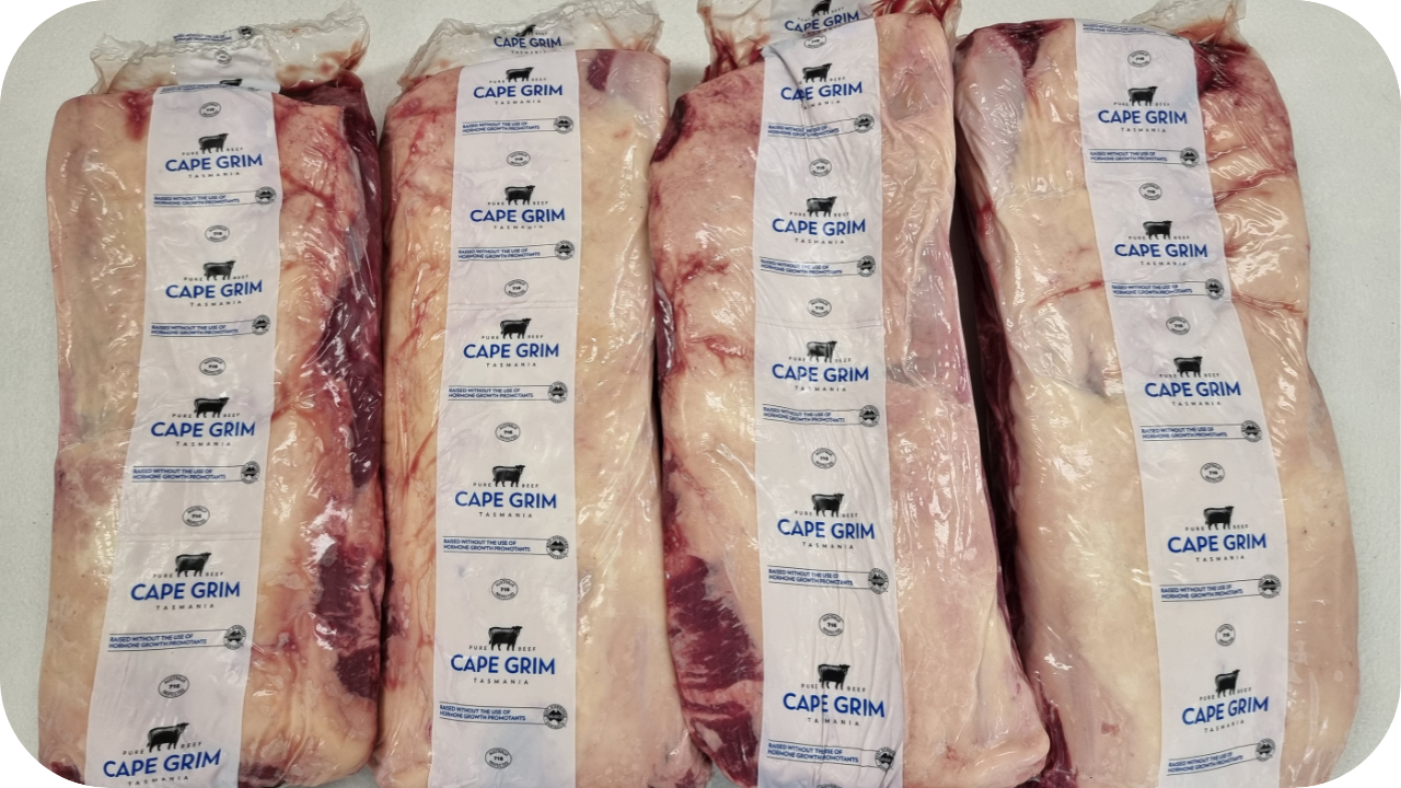 Packaged Cape Grim beef cuts of high-quality grass-fed beef in vacuum-sealed packaging with branding visible.