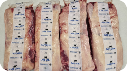 Packaged Cape Grim beef cuts of high-quality grass-fed beef in vacuum-sealed packaging with branding visible.