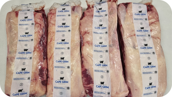 Packaged Cape Grim beef cuts of high-quality grass-fed beef in vacuum-sealed packaging with branding visible.