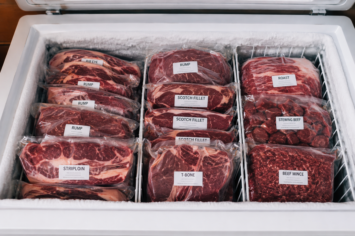 Cryovac sealed beef steaks and roasts labelled and stacked in a home chest freezer