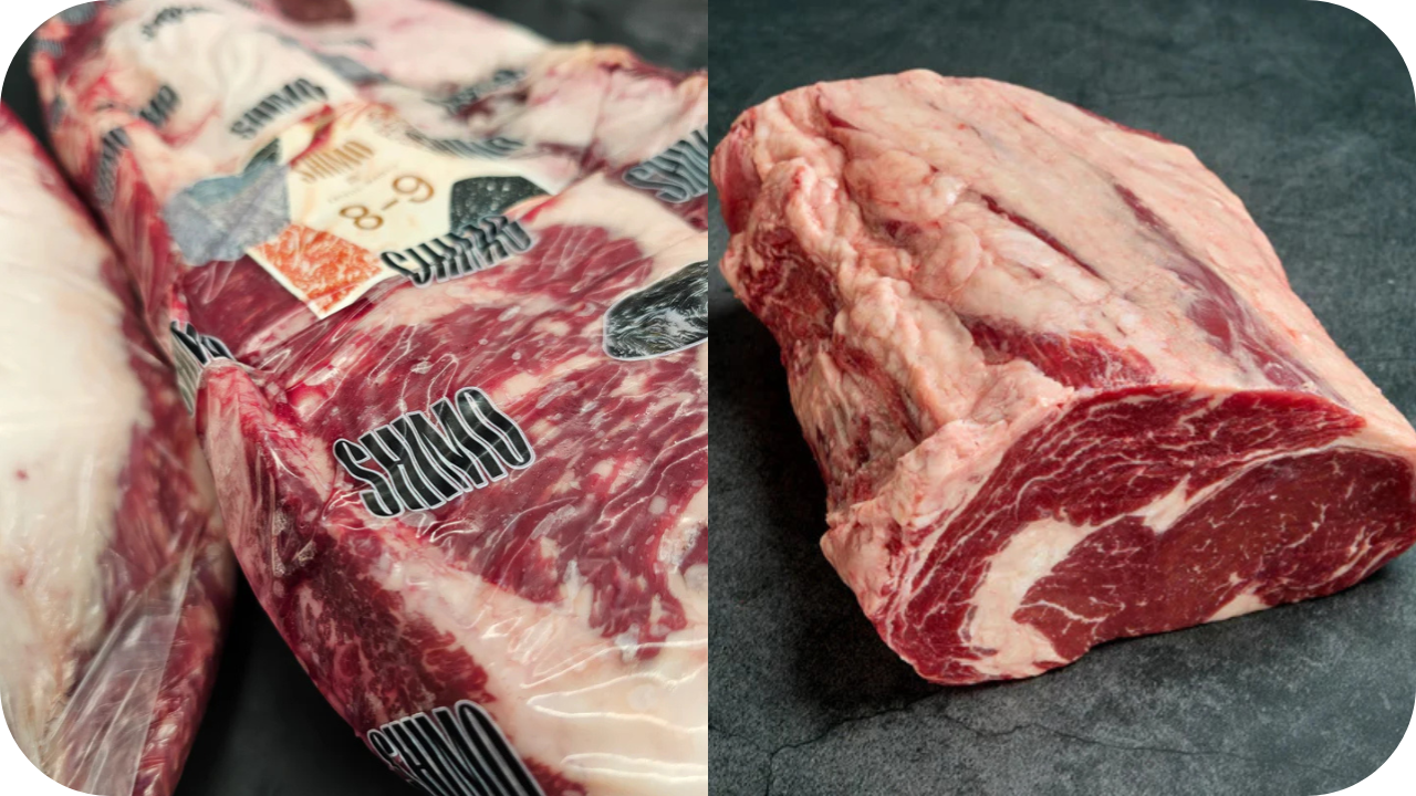 Vacuum-sealed and fresh beef cuts side by side, showing marbling, storage differences, and quality presentation