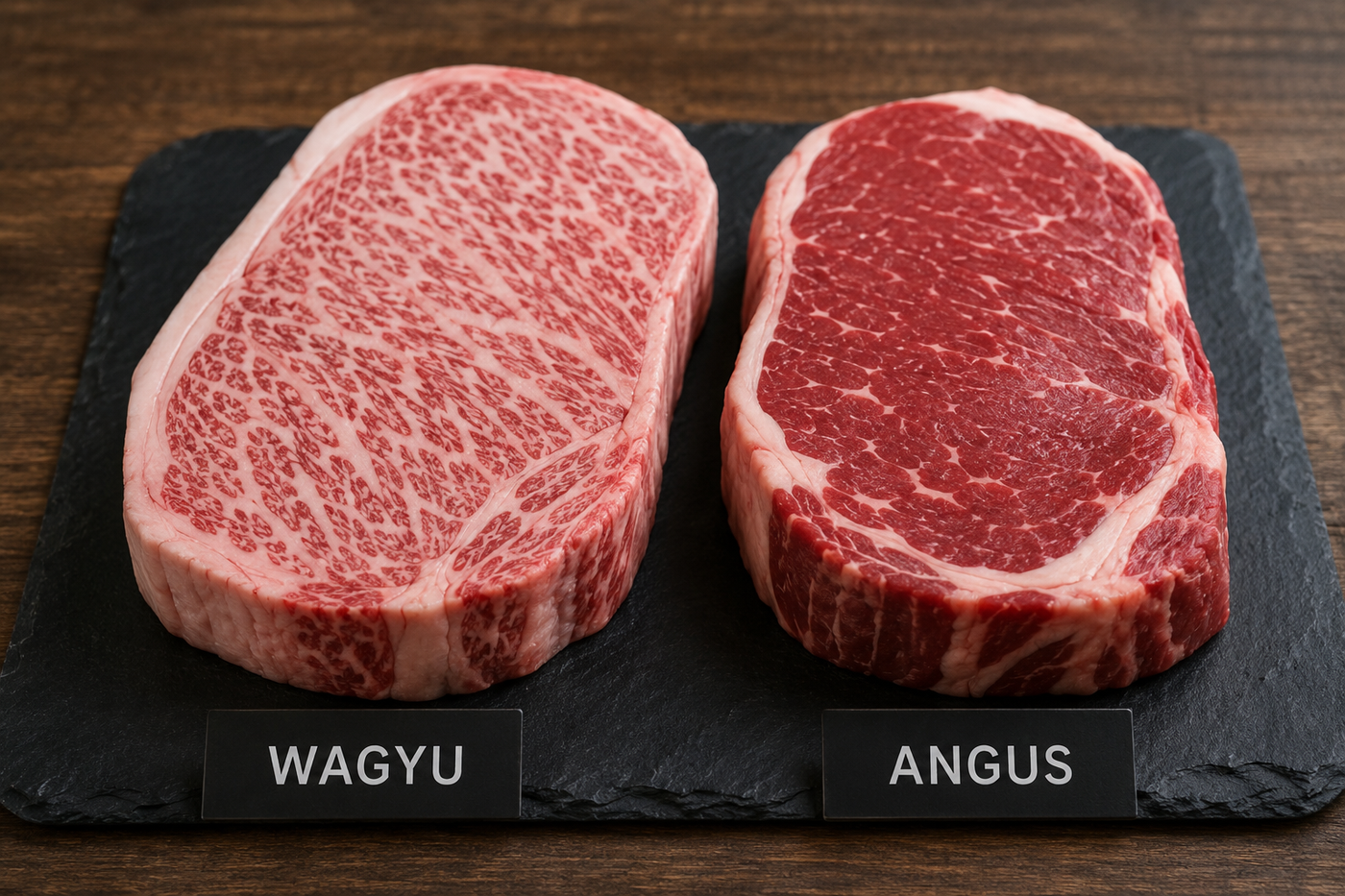 Heavily marbled wagyu steak beside a leaner Angus steak showing the marbling difference