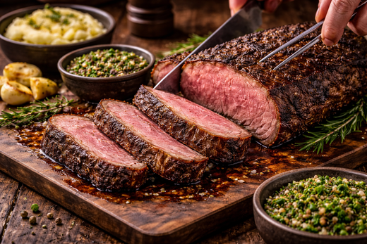 Whole cube roll carved tableside with medium-rare slices, garnished with herbs, chimichurri, and roasted vegetables