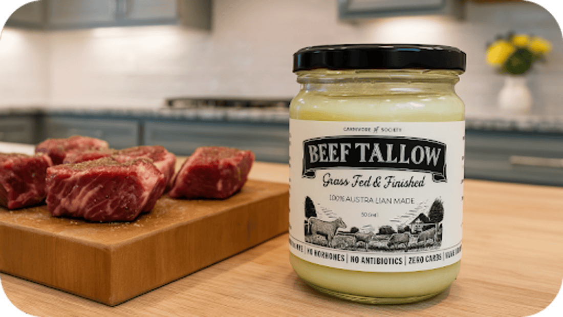 A jar of Carnivore Society Beef Tallow on a kitchen counter, with seasoned cubes of raw beef on a butcher block in the background.