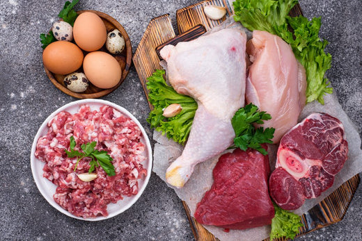 Selection of eggs, chicken, minced meat and beef showing foods included in a carnivore diet shopping list for high protein eating