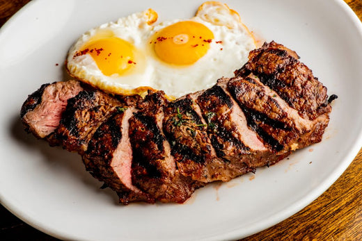 Steak and fried eggs meal showing a typical carnivore diet plate often eaten by people following the carnivore diet long-term