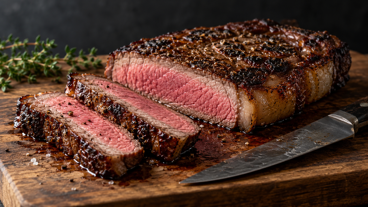 Steak grey band: sliced steak showing crust, thin grey layer and pink centre on a board
