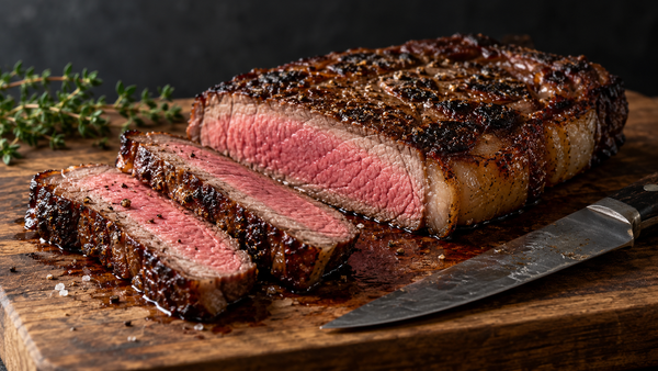 Steak grey band: sliced steak showing crust, thin grey layer and pink centre on a board