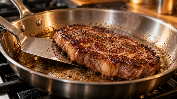 Steak sticking to the pan solved: turner lifting a browned steak cleanly from a stainless steel pan