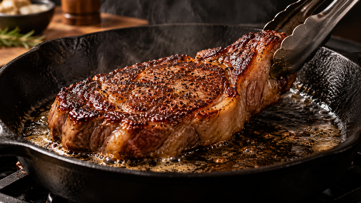 Steak not browning fixed: thick steak with an even deep brown crust in a cast iron pan