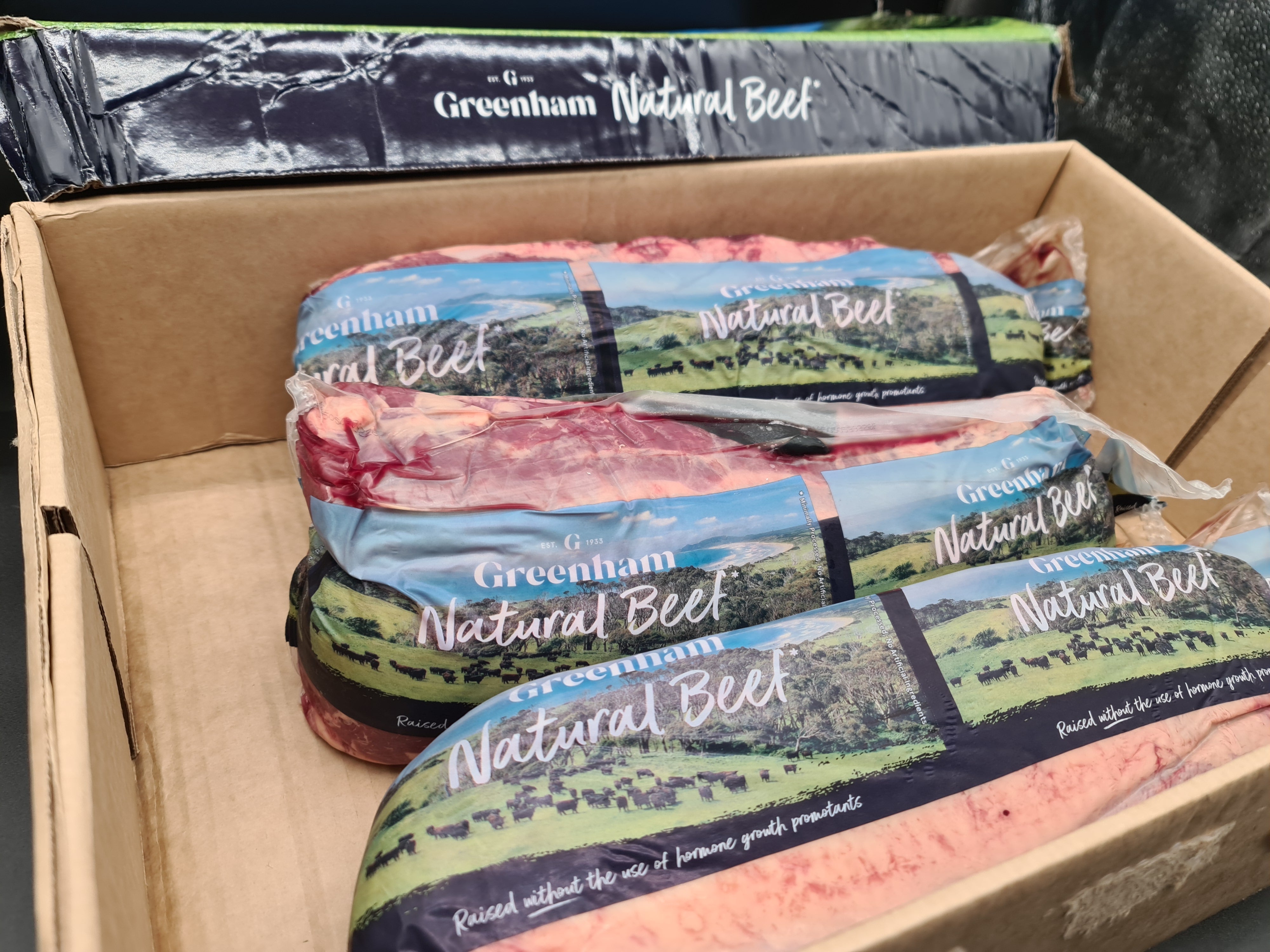 Close-up of Greenham beef cuts packed in a box