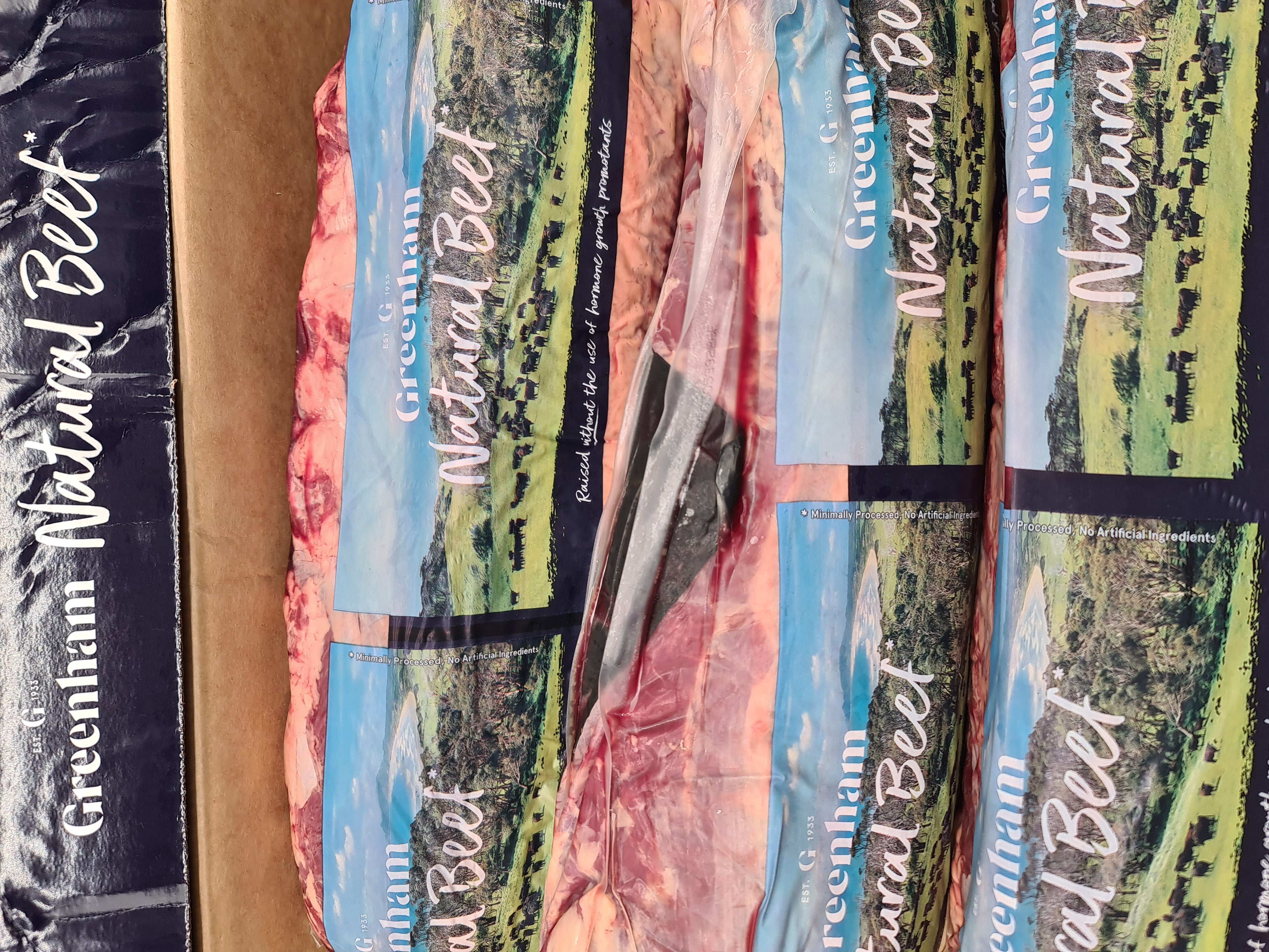 Two Greenham Natural Beef cuts in clear vacuum packaging