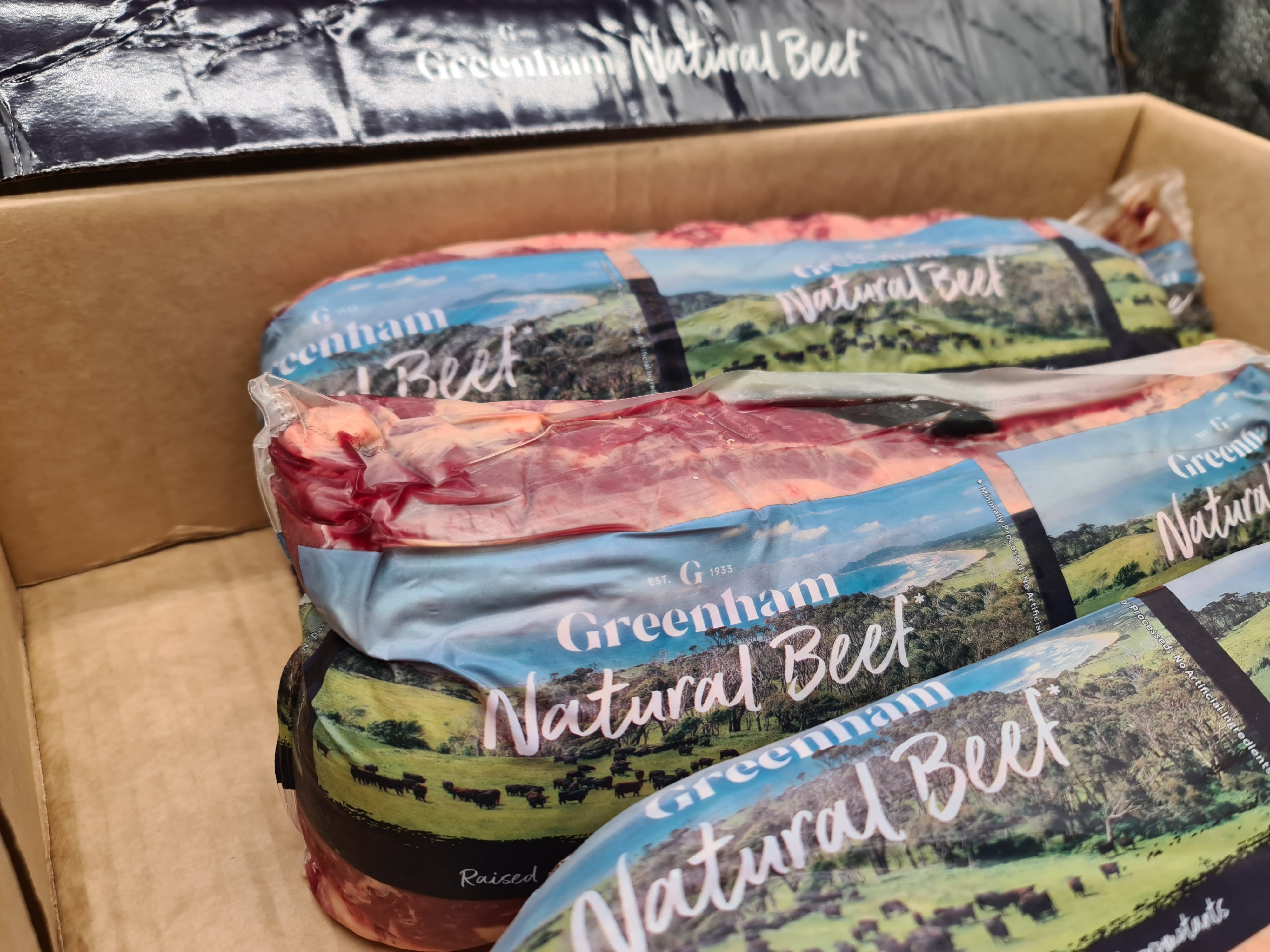 Angled view of closed Greenham Natural Beef box