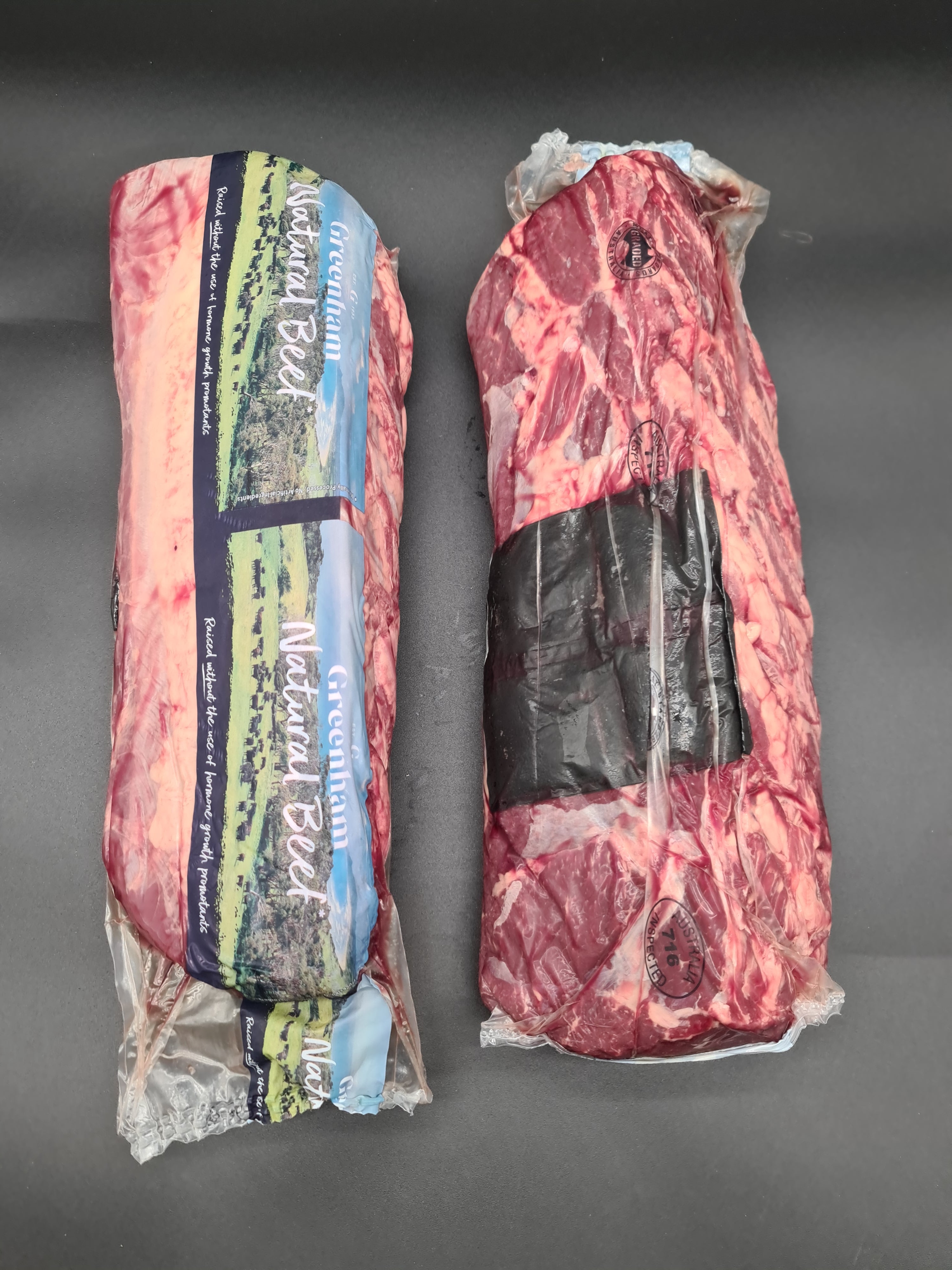 Top view of Greenham Natural Beef cut in clear packaging
