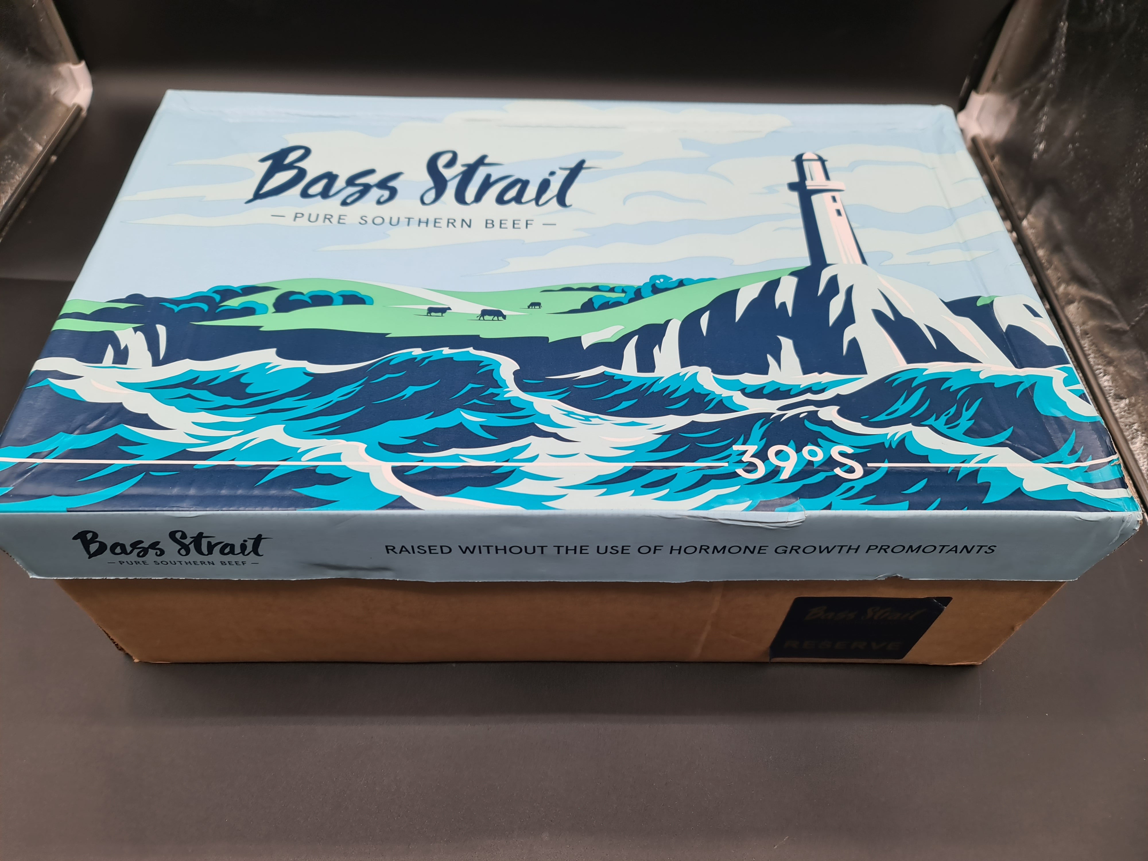 Closed Bass Strait Pure Southern Beef box on a dark surface