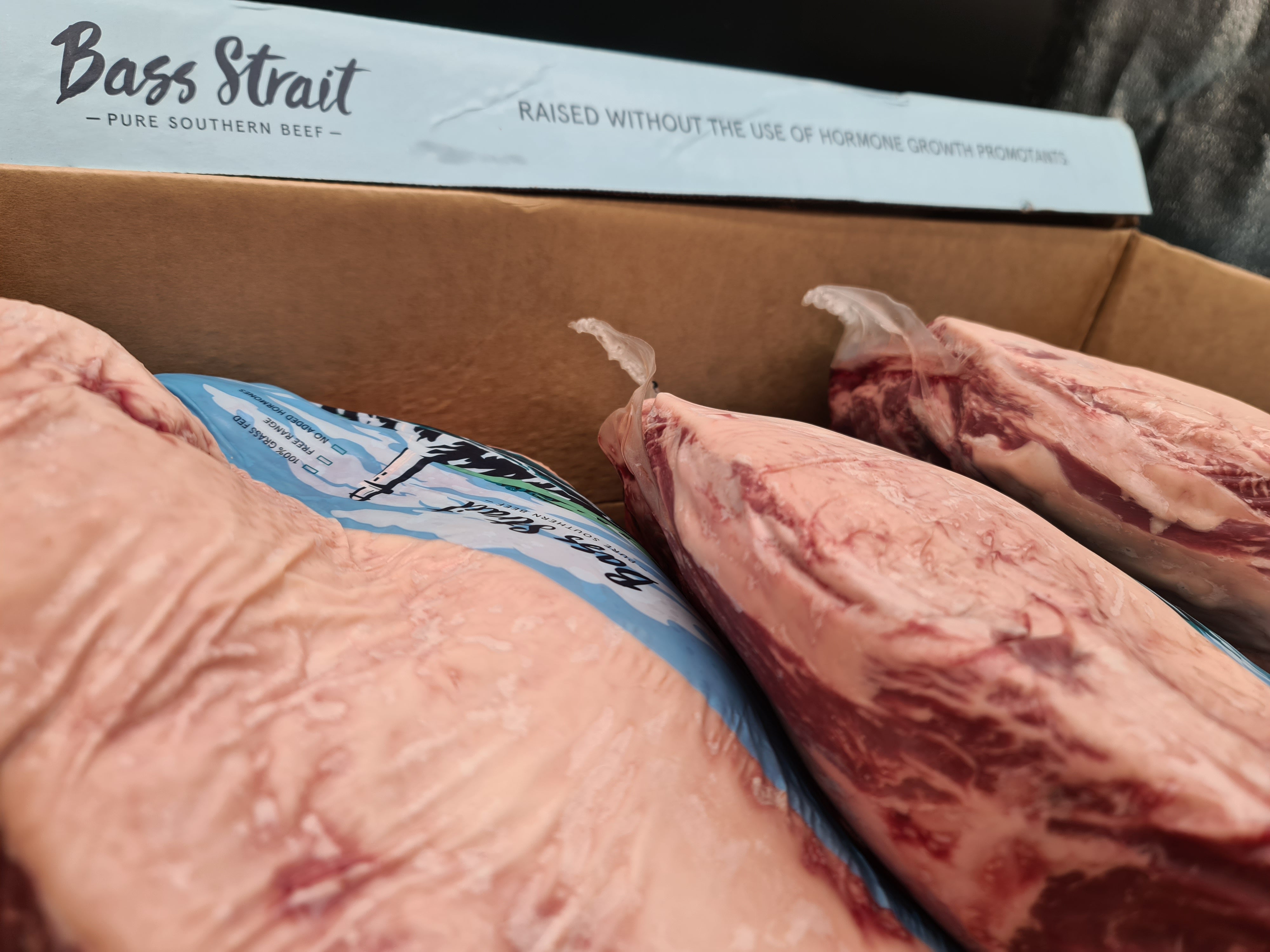 Close-up of Bass Strait beef cuts packed in an open box